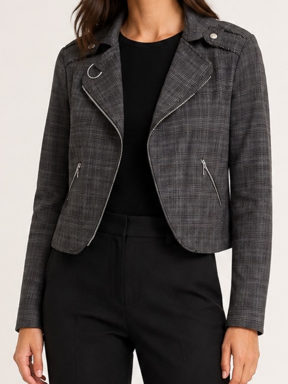 DEX Plaid Cropped Moto Blazer Jacket Grey Purple Size M Y2K